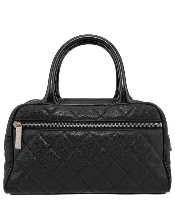 Chanel Vintage Black Quilted Caviar And Patent Mini Logo Bowling