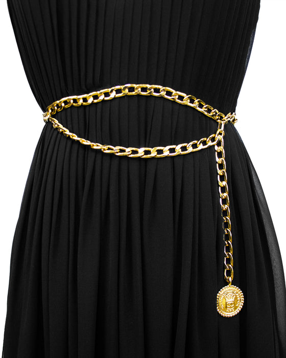 Black Chiffon Gown with Gold Chain Belt