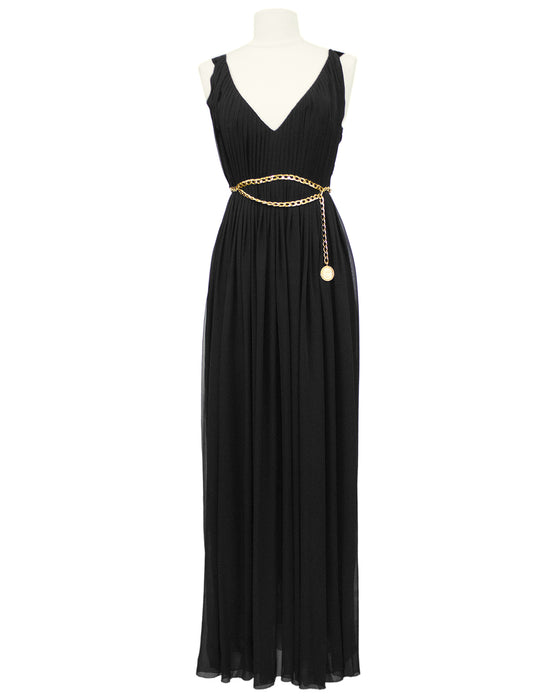 Black Chiffon Gown with Gold Chain Belt