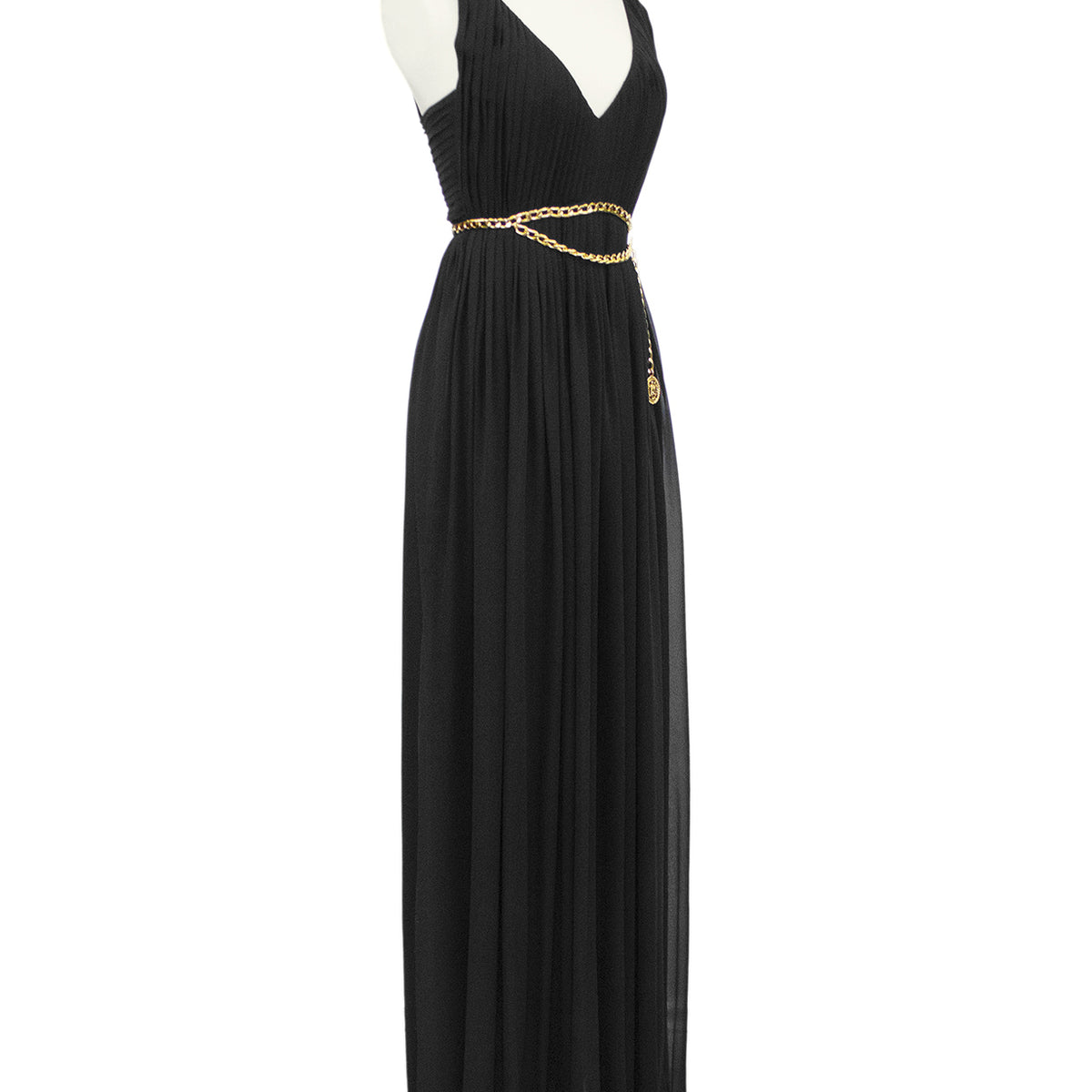 Black Chiffon Gown with Gold Chain Belt – Vintage Couture