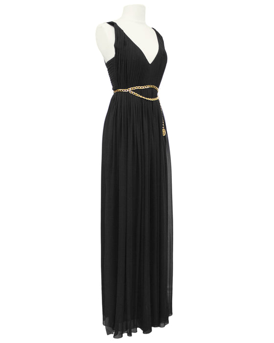 Black Chiffon Gown with Gold Chain Belt