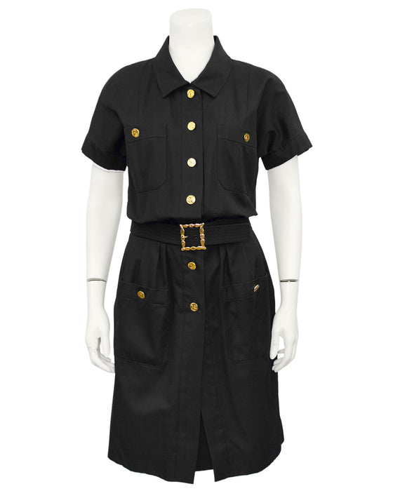 Black Cotton Belted Shirt Dress