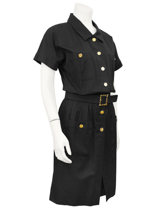 Black Cotton Belted Shirt Dress