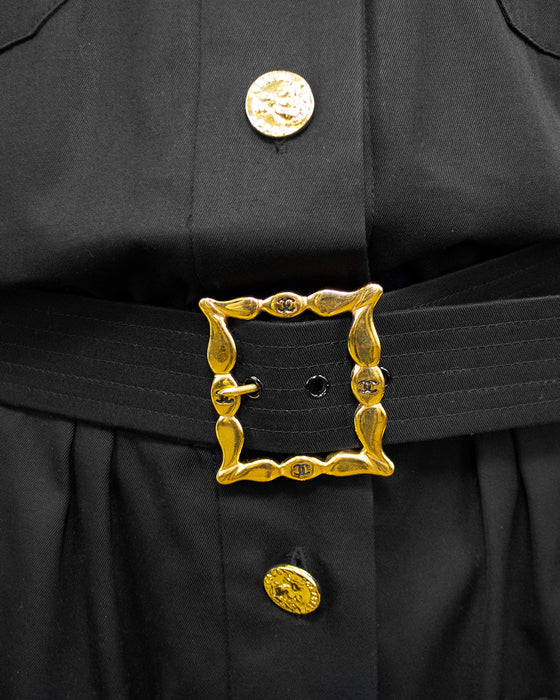 Black Cotton Belted Shirt Dress