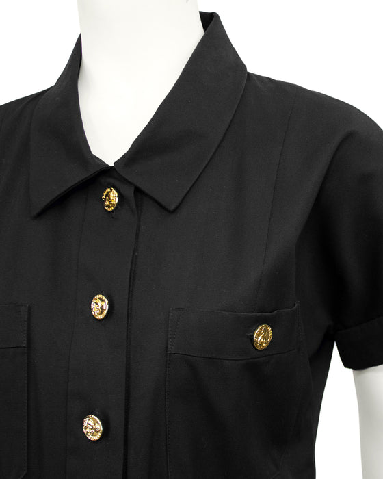 Black Cotton Belted Shirt Dress