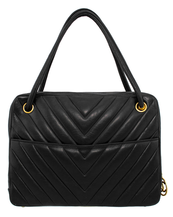 Black Lambskin Leather Chevron Large Camera Bag