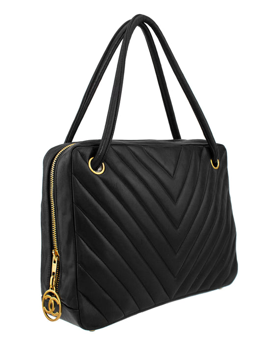 Black Lambskin Leather Chevron Large Camera Bag