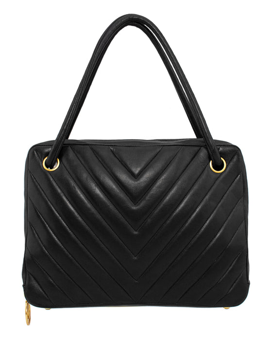 Black Lambskin Leather Chevron Large Camera Bag