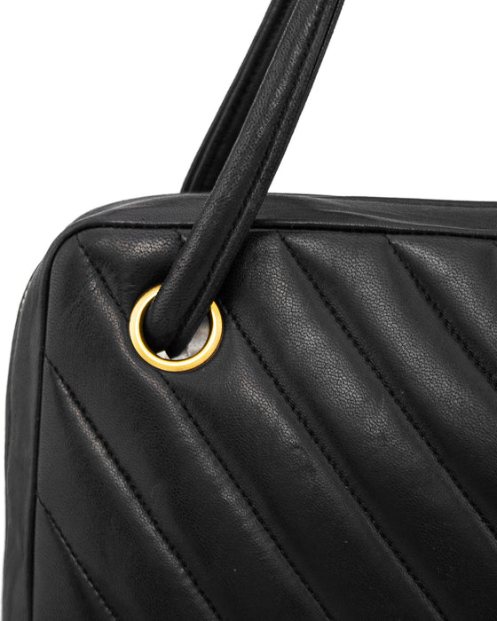 Black Lambskin Leather Chevron Large Camera Bag