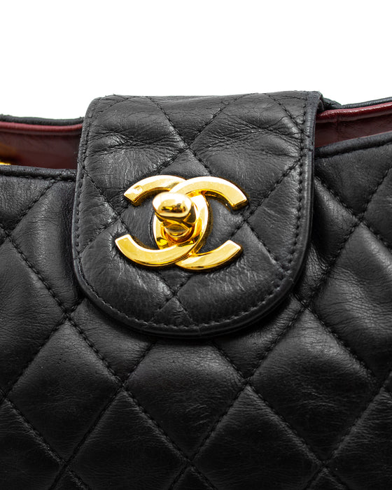 Black Leather Quilted Medium Tote with Chain Handles