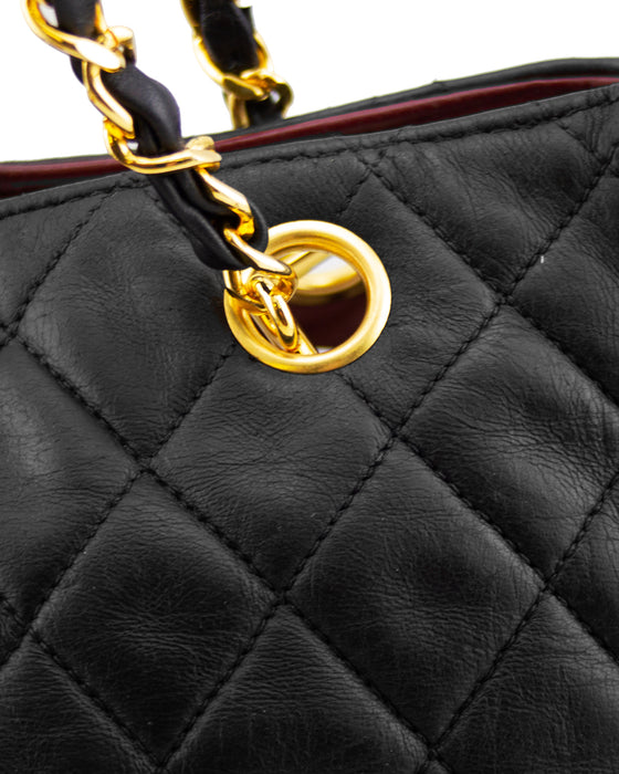 Black Leather Quilted Medium Tote with Chain Handles