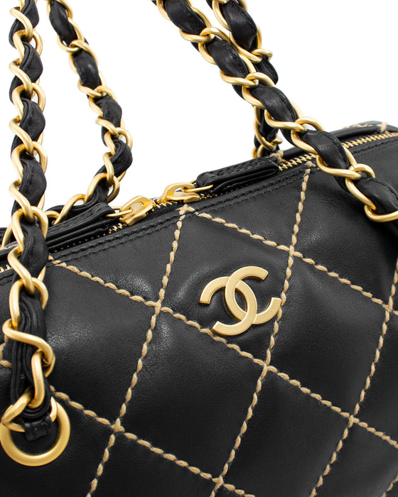 Chanel Black Quilted Surpique Bowler Bag w/ Contrast Stitching