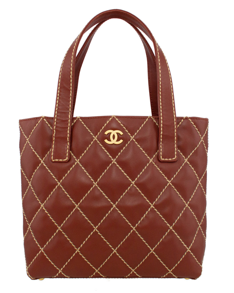 Chanel Brown Quilted Surpique Bowler Bag w/ Contrast Stitching