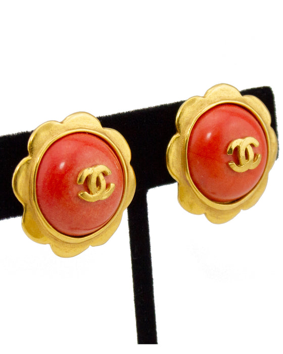 Flower Shaped Gold and Coral Earrings