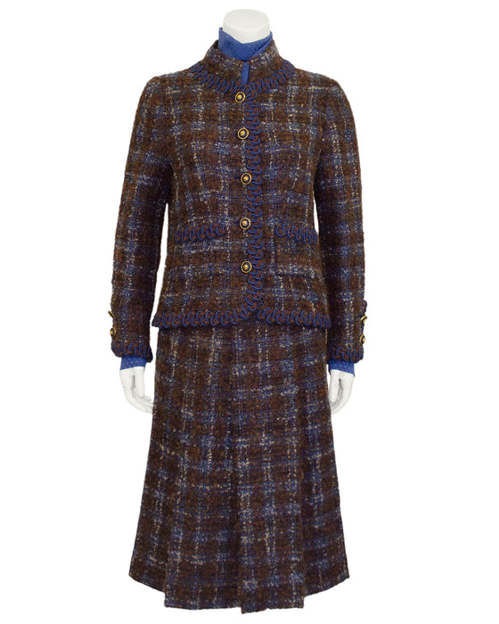 1981 Blue and Brown Haute Couture Tweed 5 Piece Skirt Suit