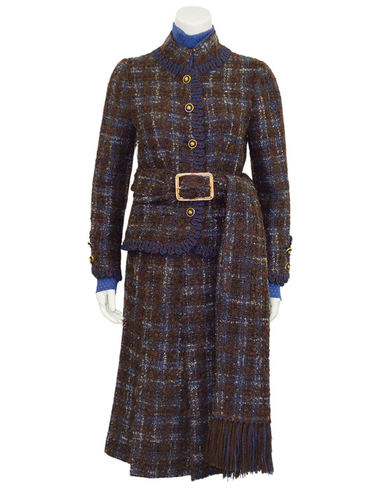 Brown and Blue Haute Couture Tweed 5 Piece Skirt Suit from 1981