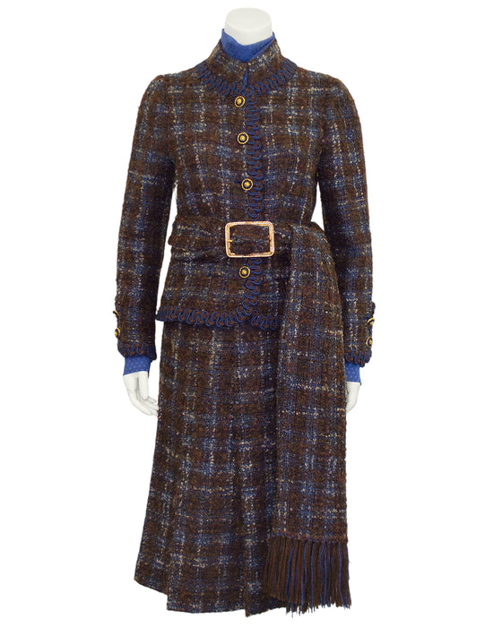1981 Blue and Brown Haute Couture Tweed 5 Piece Skirt Suit
