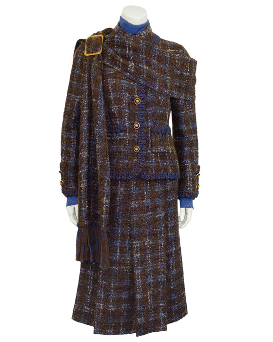 Brown and Blue Haute Couture Tweed 5 Piece Skirt Suit from 1981