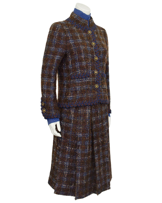 Brown and Blue Haute Couture Tweed 5 Piece Skirt Suit from 1981