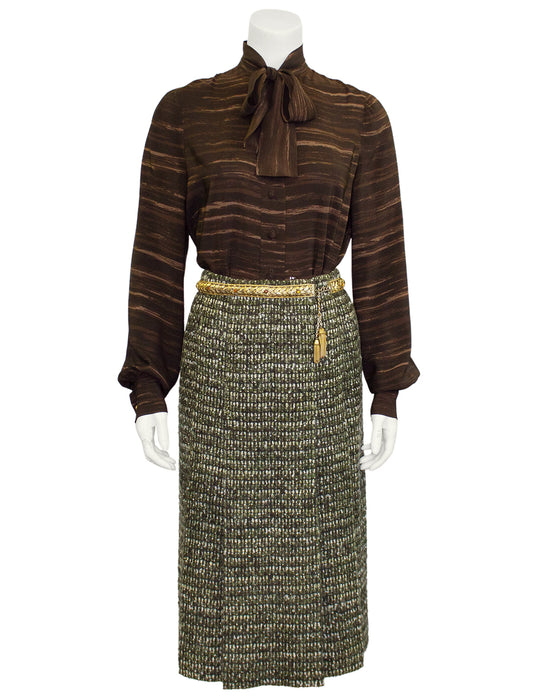 1981 Green and Brown Tweed 6 Piece Skirt Suit