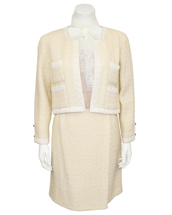 Cream Lace & Bouclé Wool 5pc RTW Skirt Suit