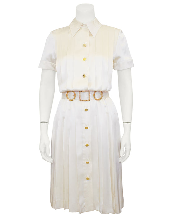 Cream Silk Pleated Dress with Belt