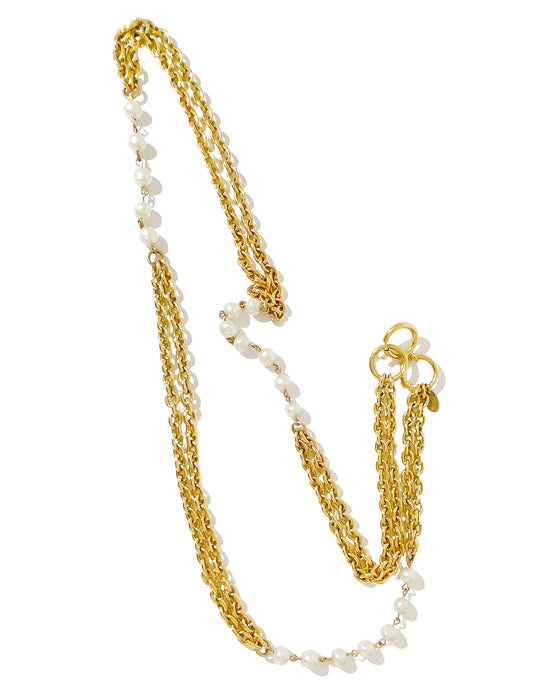 Gold Double Chain Link Necklace with Pearls