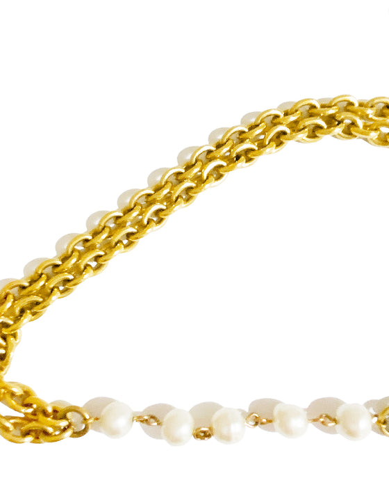 Gold Double Chain Link Necklace with Pearls
