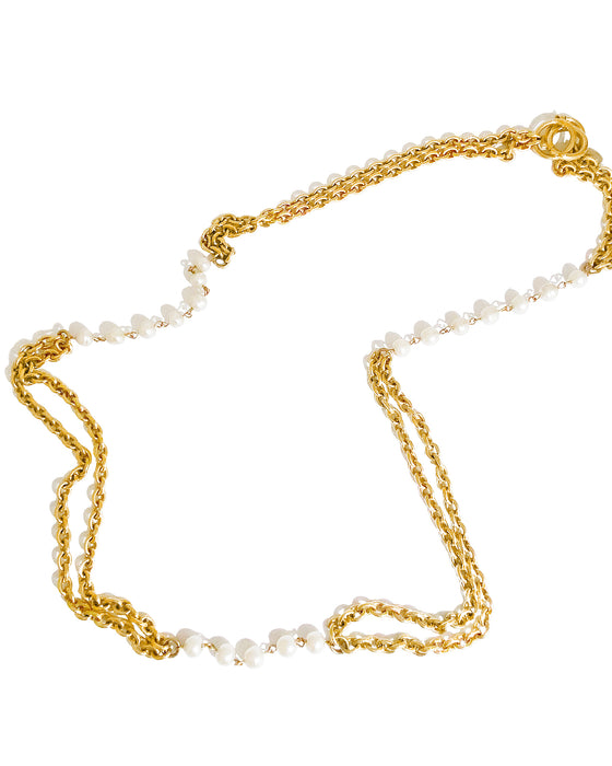 Gold Double Chain Link Necklace with Pearls