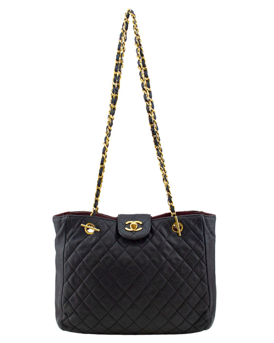 Black Leather Quilted Medium Tote with Chain Handles