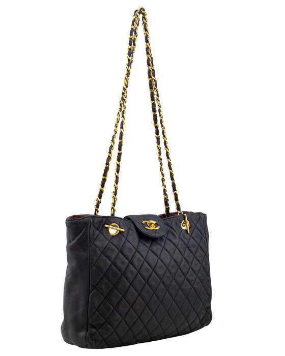 Black Leather Quilted Medium Tote with Chain Handles
