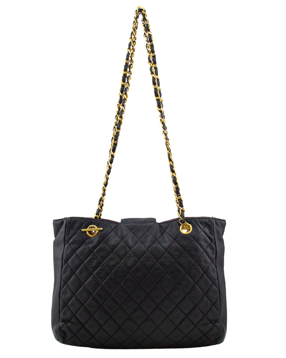 Black Leather Quilted Medium Tote with Chain Handles