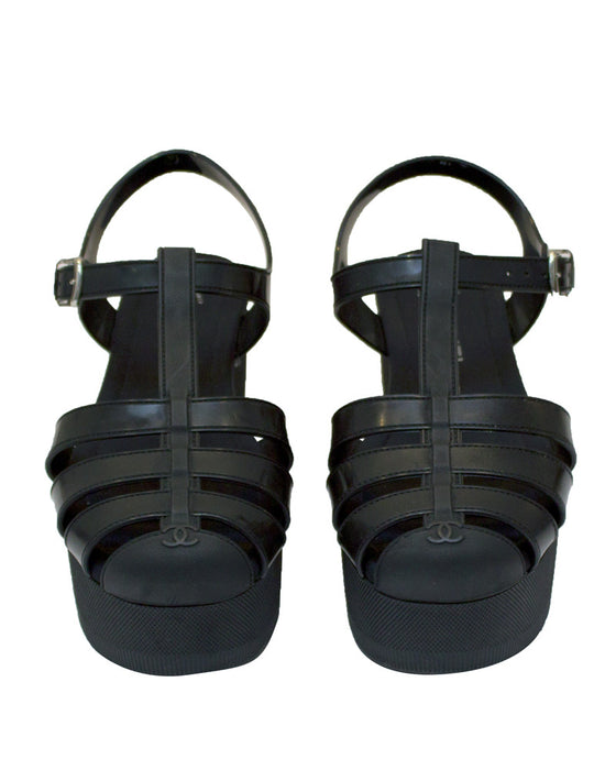 Black Platform Jelly Sandals with Sockette