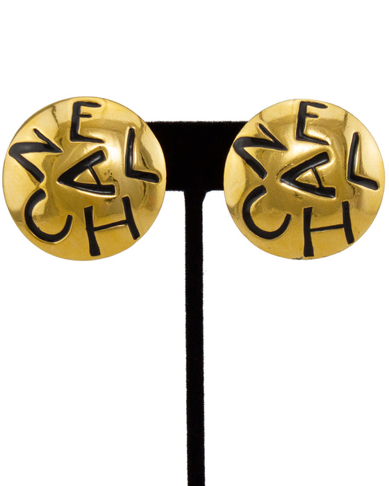 Gold Tone Button Clip on Earrings with Black Engraving
