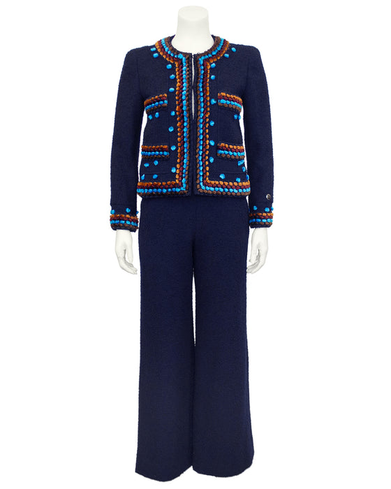 Navy Bouclé Pant Suit With Jewel Tone Velvet Trim NWT