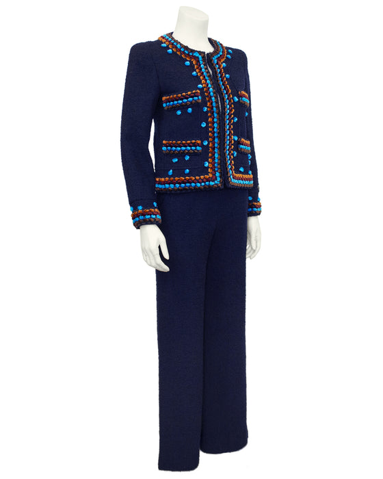 Navy Bouclé Pant Suit With Jewel Tone Velvet Trim NWT