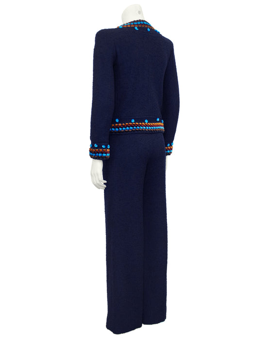 Navy Bouclé Pant Suit With Jewel Tone Velvet Trim NWT