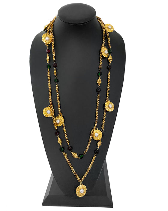 Gold Necklace with Pearl Discs and Poured Glass