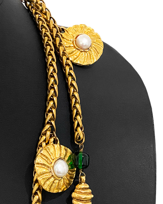Gold Necklace with Pearl Discs and Poured Glass