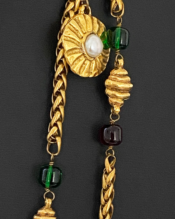 Gold Necklace with Pearl Discs and Poured Glass