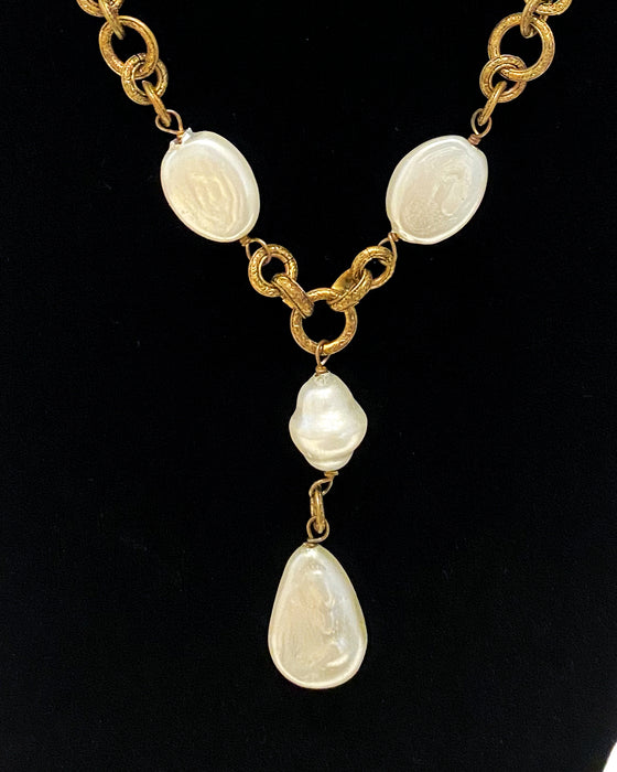 Pearl and Gilt Metal Chain Drop Necklace