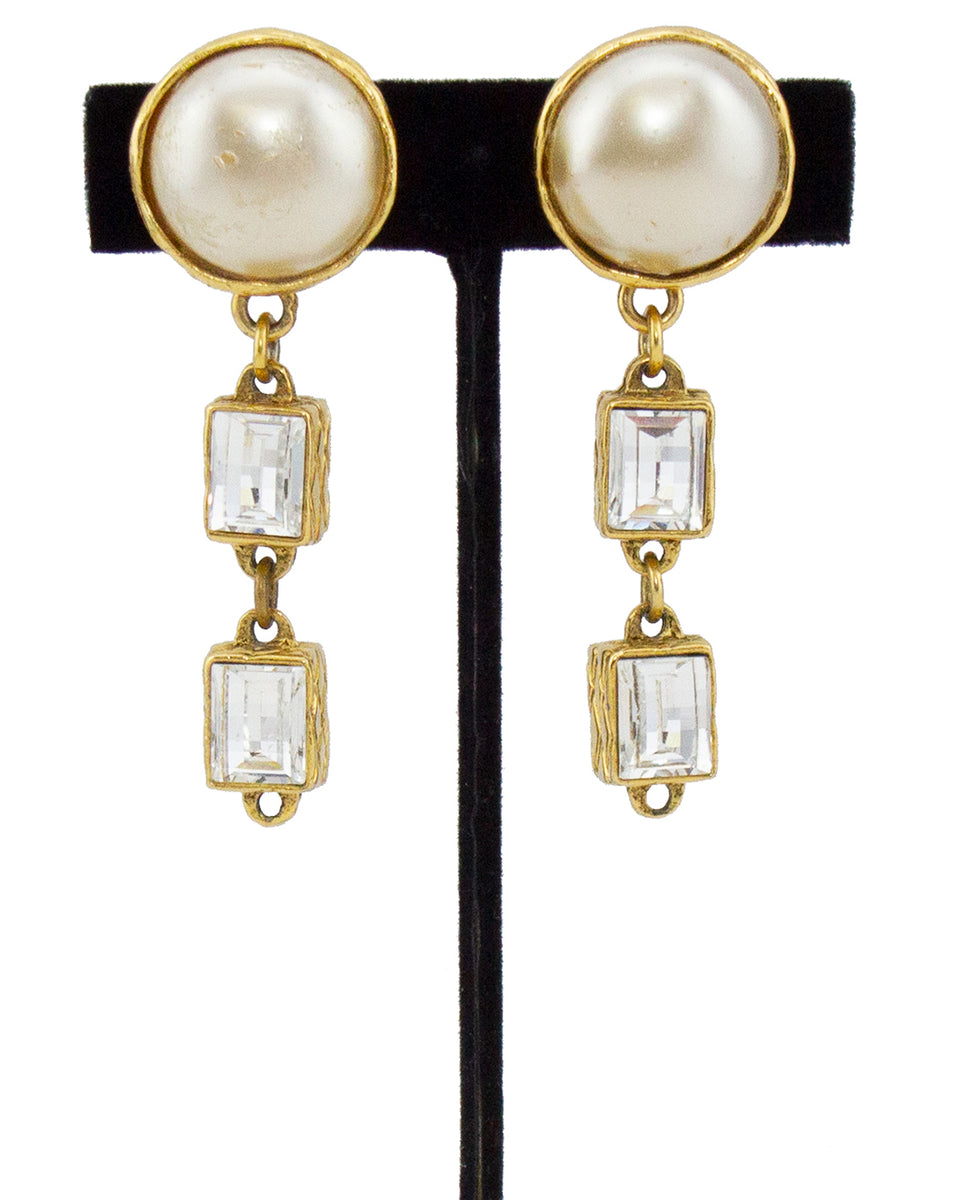 1984 Chanel Collection 23 Pearl and Rhinestone Drop Earrings 