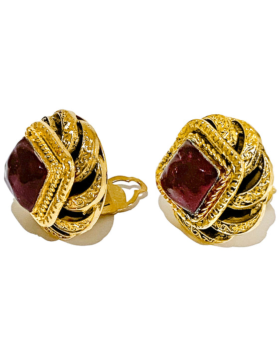 Gold Tone and Red Poured Glass Earrings