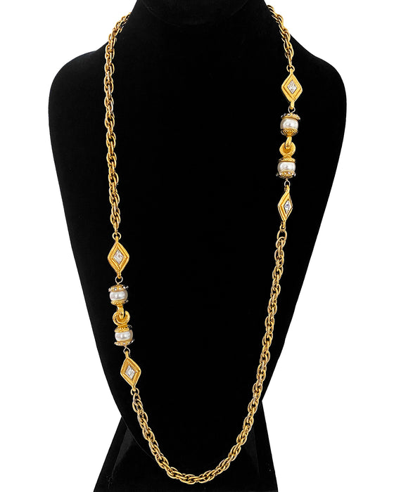 Gold Tone Chain Link Necklace with Rhinestone and Pearl Details