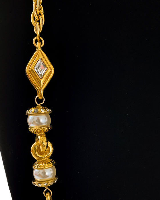 Gold Tone Chain Link Necklace with Rhinestone and Pearl Details