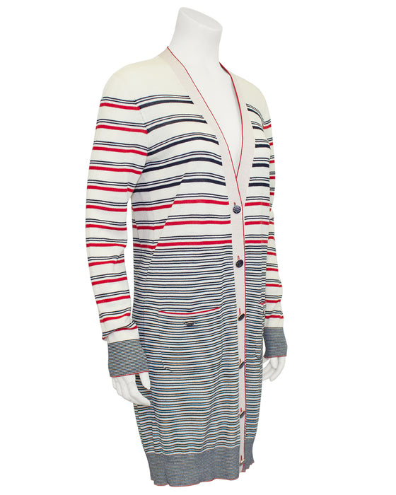 Cream, Black and Red Striped Knit Cardigan/Car Coat