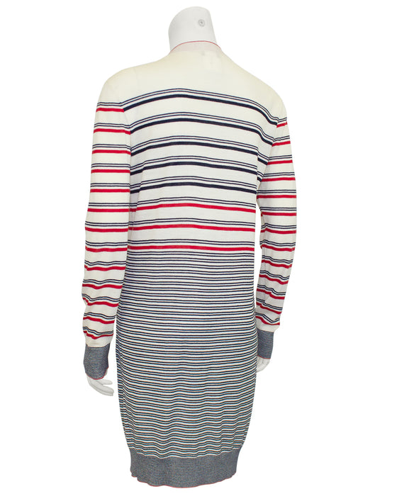 Cream, Black and Red Striped Knit Cardigan/Car Coat