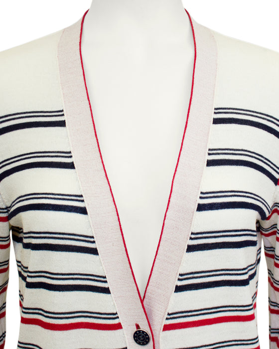 Cream, Black and Red Striped Knit Cardigan/Car Coat