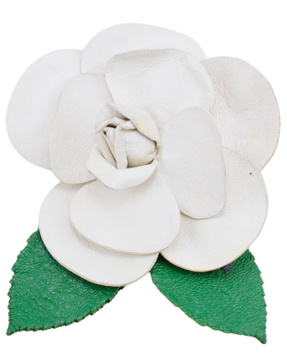 White and Green Leather Camellia Pin