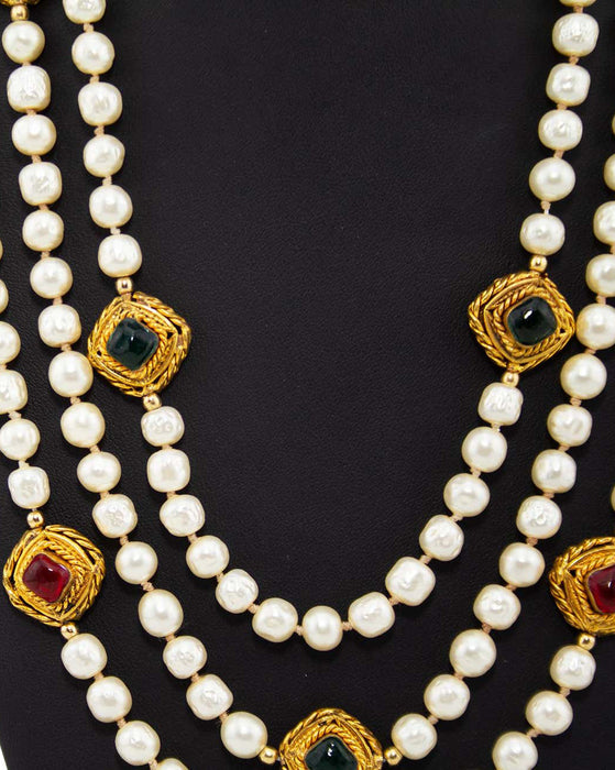 1984 Triple Stand Pearl Necklace with Gripoix Jewels – Vintage Couture